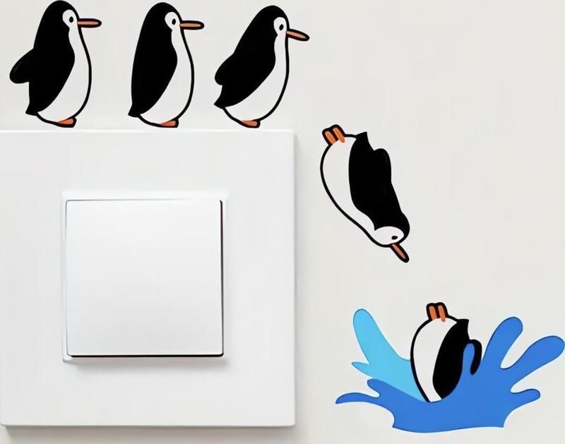 CajuArt 5 Parça Suya Dalan Penguenler Ahşap Priz Anahtar Sticker Modern Dekor Süs