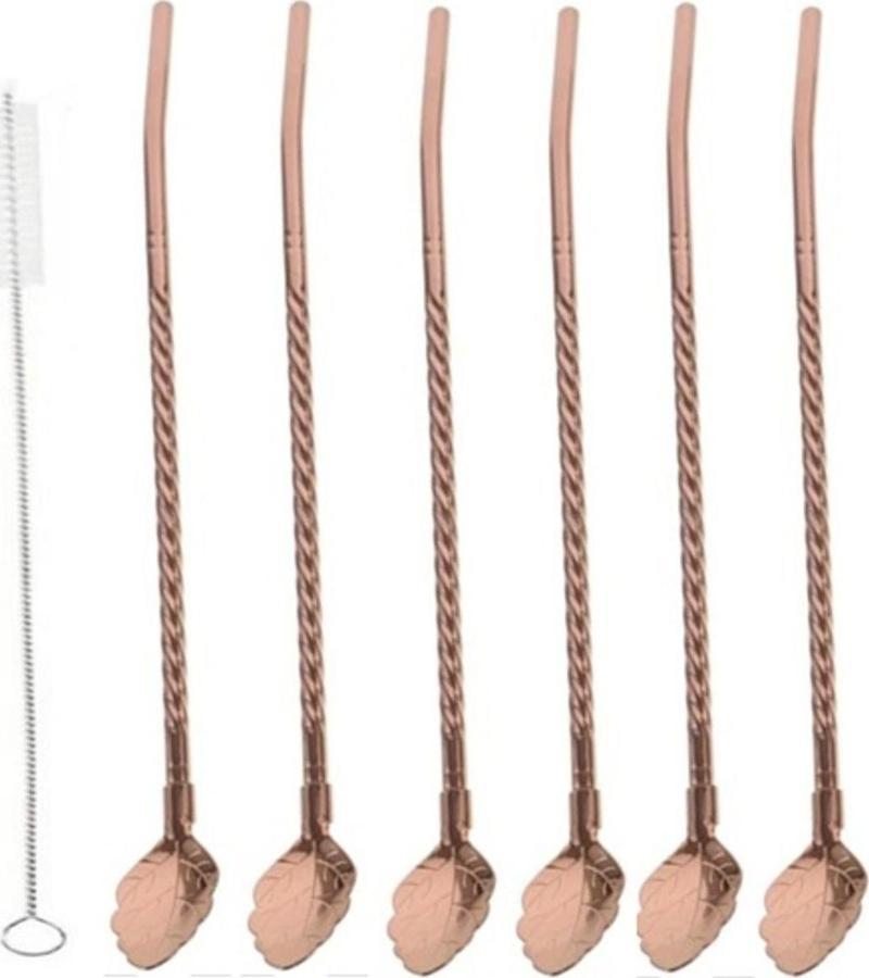 6'lı Bronz Pipetli Latte Kaşığı Kokteyl Kaşığı Ve Temizleme Fırçası, 22 Cm Yaprak Model