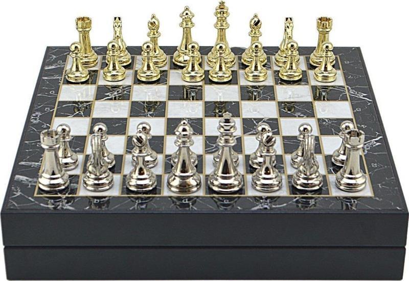 Büyük Boy Metal Klasik Satranç Tk. Parlak ve Mermer Desenli Sandıklı MDF Tahtası(36X36X6 cm.)