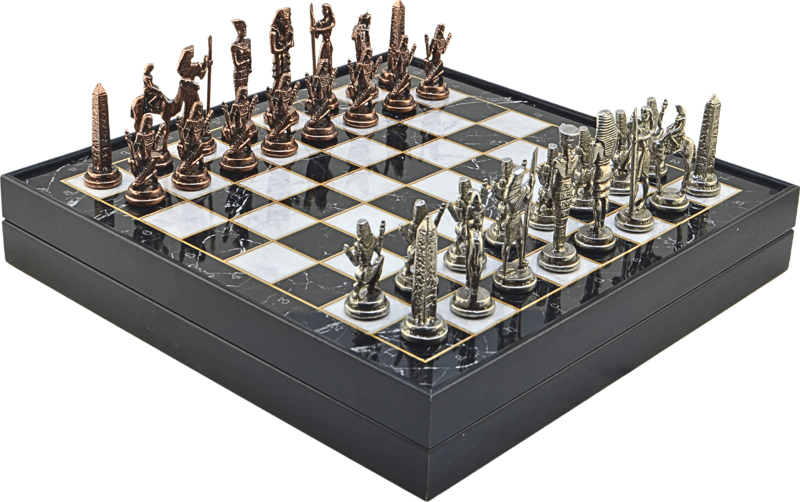 Metal MISIR Satranç Takımı Antik ve Mermer Desenli MDF Sandıklı Satranç Tahtası (36X36X6 cm.)