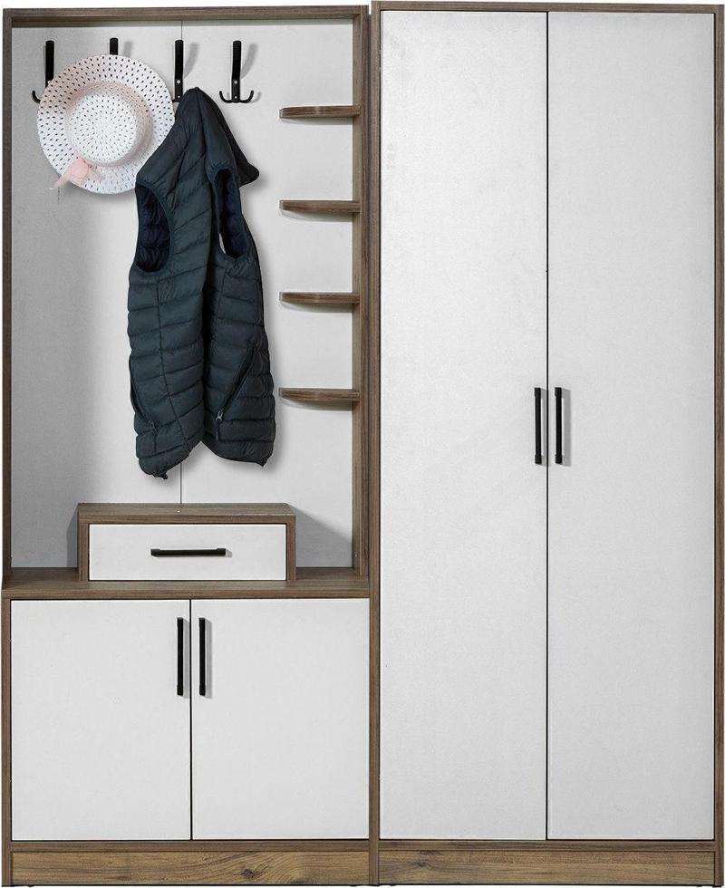 Loft 2 (İki) Kapılı Krem Ceviz Elbise Askılığı Kapaklı Ayakkabılık - Vestiyer - Portmanto