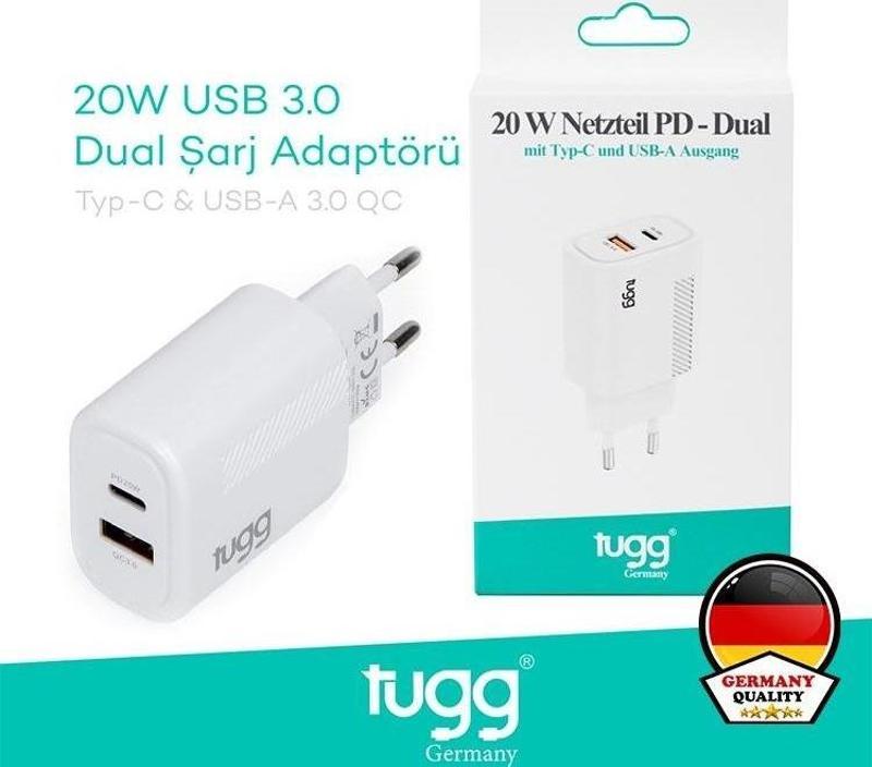 Akıllı Şarj Başlık 20W Isı ve Akım Korumalı Hızlı Sarj USB+Type-C Çift Girişli 104403