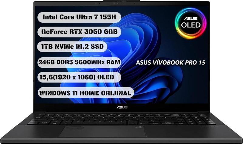 Vivobook Pro 15 OLED Q533MJ-U73050 (Intel Ultra 7-155H /15.6’’/24GB / 1TB/ RTX 3050) – Q İng. Klavye - 1Yıl Garanti