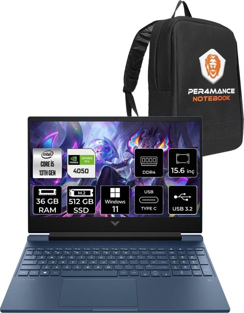 Victus 15 İ5 13500H 36Gb 512Gb Ssd Rtx4050/6Gb 144Hz 15.6'' Fhd W11H Gaming Laptop & Per4 Çanta