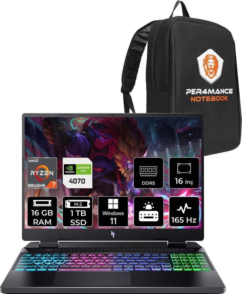 Nitro 16 R7-8845Hs 16Gb 1Tb Ssd Rtx4070/8Gb 140W 16'' 165Hz Wqxga W11H & Per4 Çanta