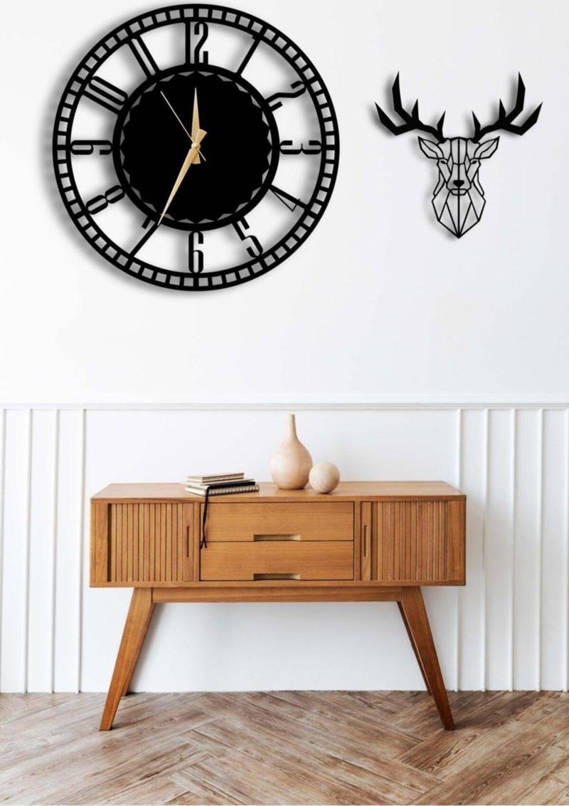 Dekoratif Duvar Saati 50X50 cm + Geyikli Tablo