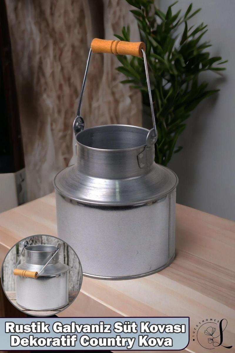 Luckyhomes Country Tarzı Galvaniz Küçük Süt Güğümü,Dekoratif Güğüm, Paslanmaz Galvaniz 11X18