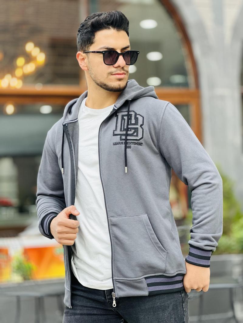 Füme Unisex Nakışlı Üç İplik Kapşonlu Tam Fermuarlı Regular Fit Hırka