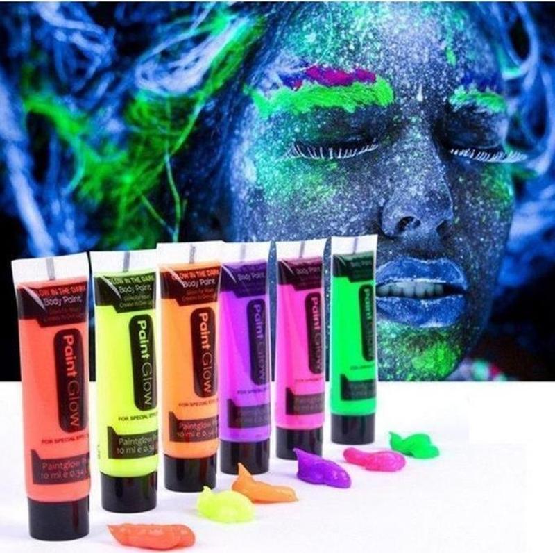 6 Adet Neonlu Glow Parti Yüz Boyası 6 Farklı Renk Karanlıkta Parlayan Fosforlu Vücut Boyama
