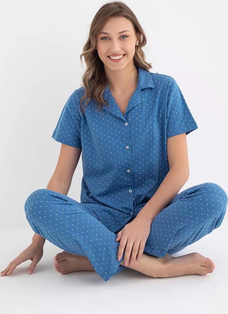 Kadın Gömlek Yaka Kısa Kol Pamuklu Pijama Takımı 6011 -1 Adet Mavi-L