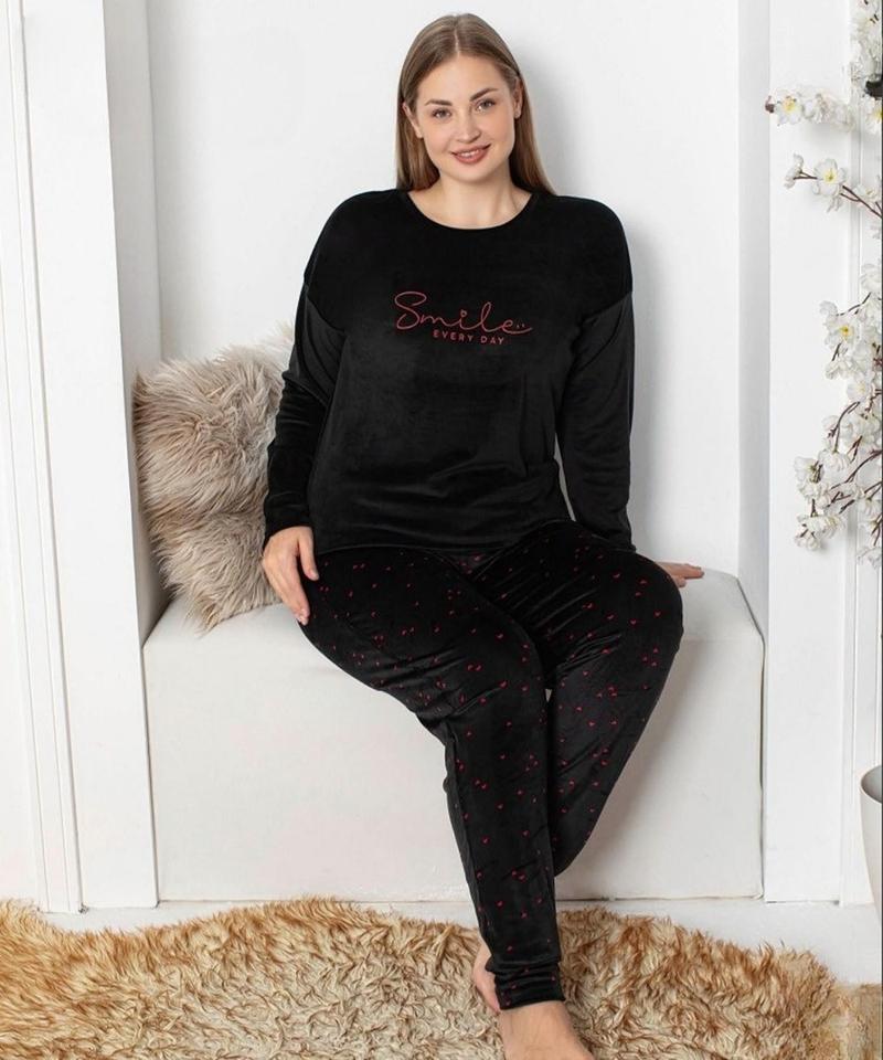 Kadın Kadife Büyük Beden Bisiklet Yaka Uzun Kol Pijama Takımı 4230/3- 1 Adet Siyah-5XL