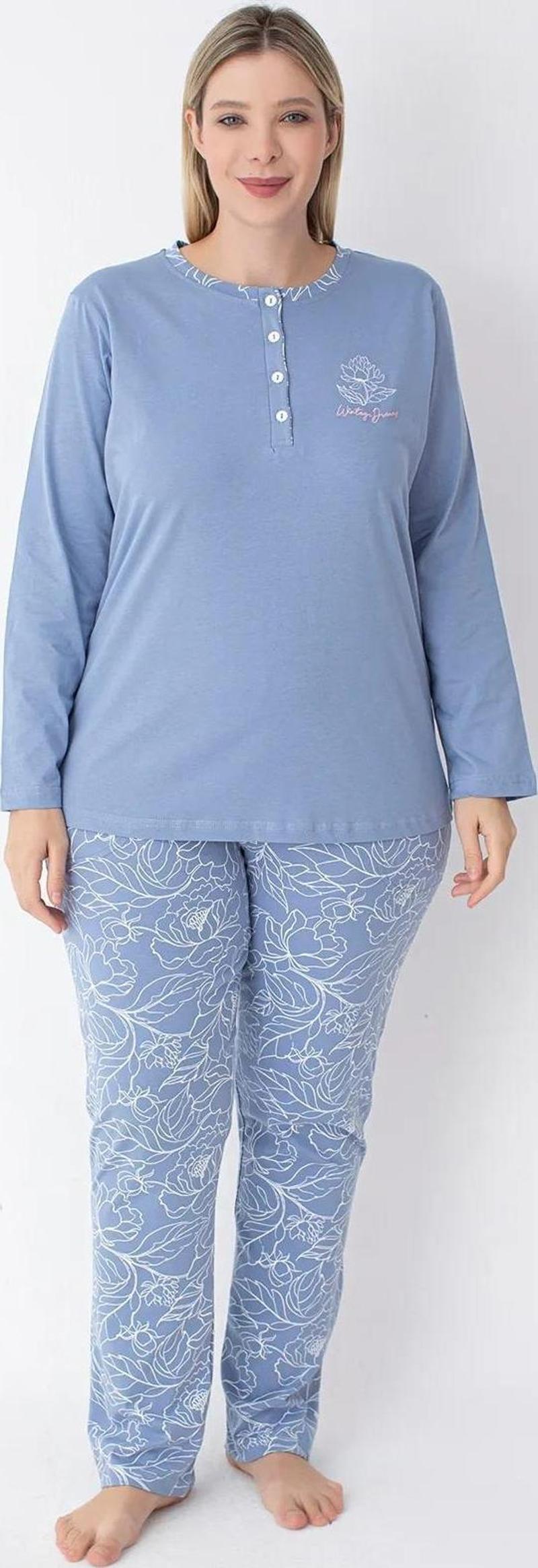 Kadın Büyük Beden Düğmeli Yaka Uzun Kol %100 Pamuk Pijama Takımı 6068 -1 Adet Mavi-3XL