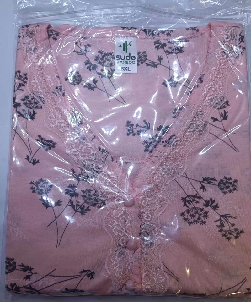 Kadın Bambu Büyük Beden Uzun Kol V Yakası Nakışlı İnce Pijama Takımı P/4357- 1 Adet Pudra-2XL