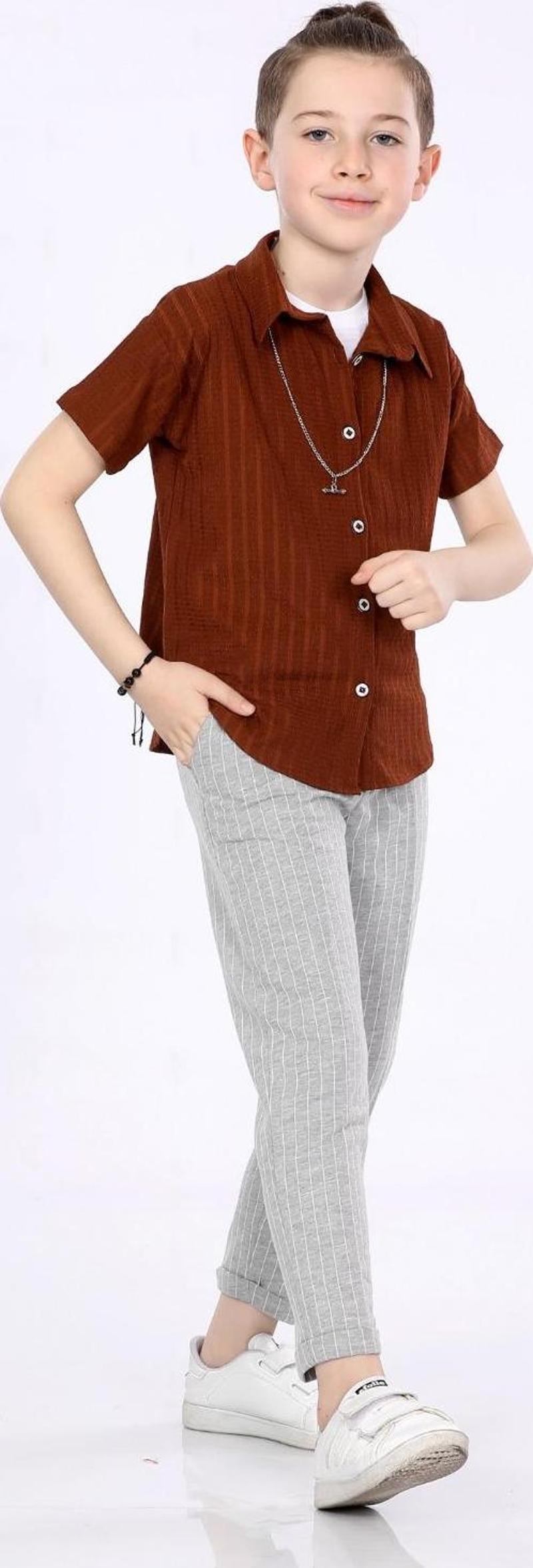 Mornio Erkek Çocuk Gömlek-T-shirt ve Pantolon 3 lü Takım VF24KMR5101314 Kiremit