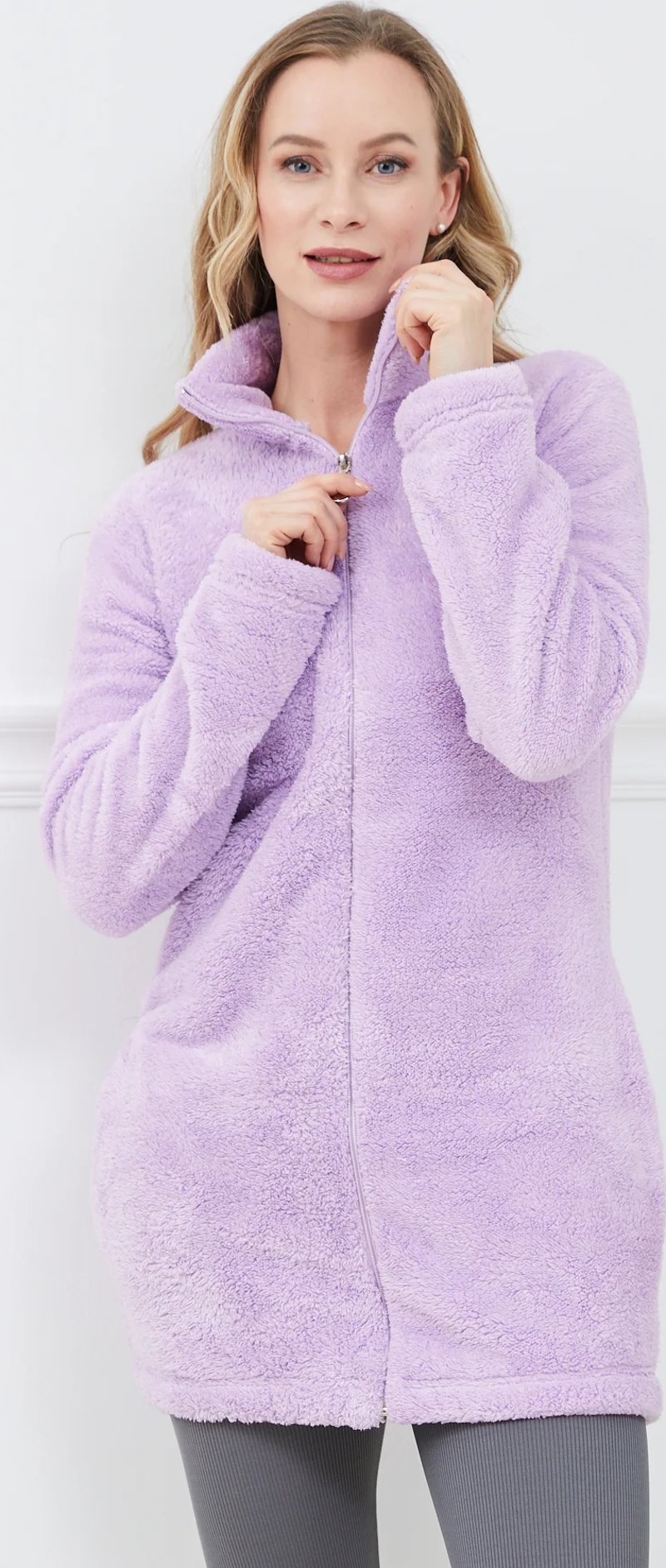 Peluş Fermuarlı Kadın Uzun Sweatshirt Lila ZN5038