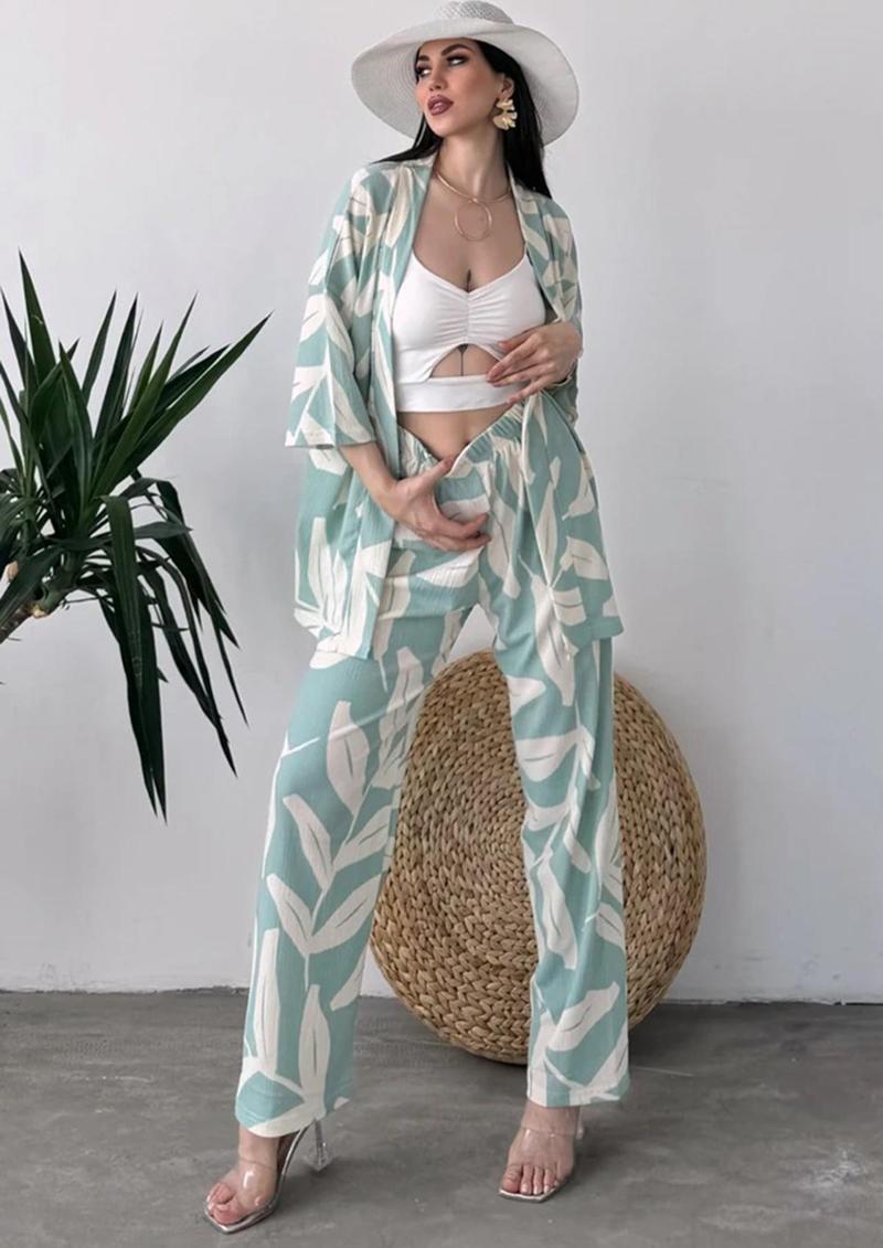 Desenli Kimono Ve Pantolon İkili Takım DFL4019 Mint