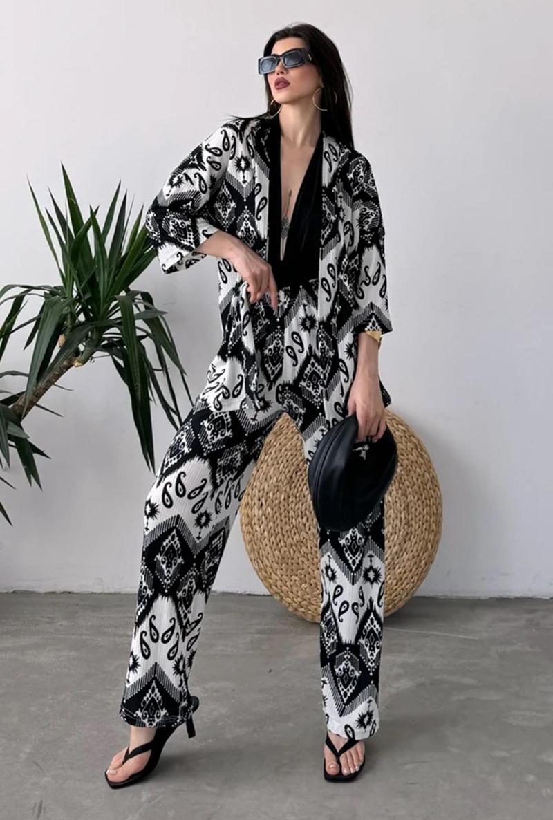 Desenli Kimono Ve Pantolon İkili Takım DFL4019 Siyah