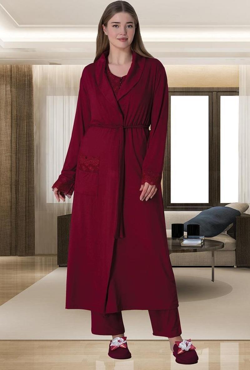 Mecit 6069 Bayan Bordo Büyük Beden Sabahlıklı Pijama Takımı
