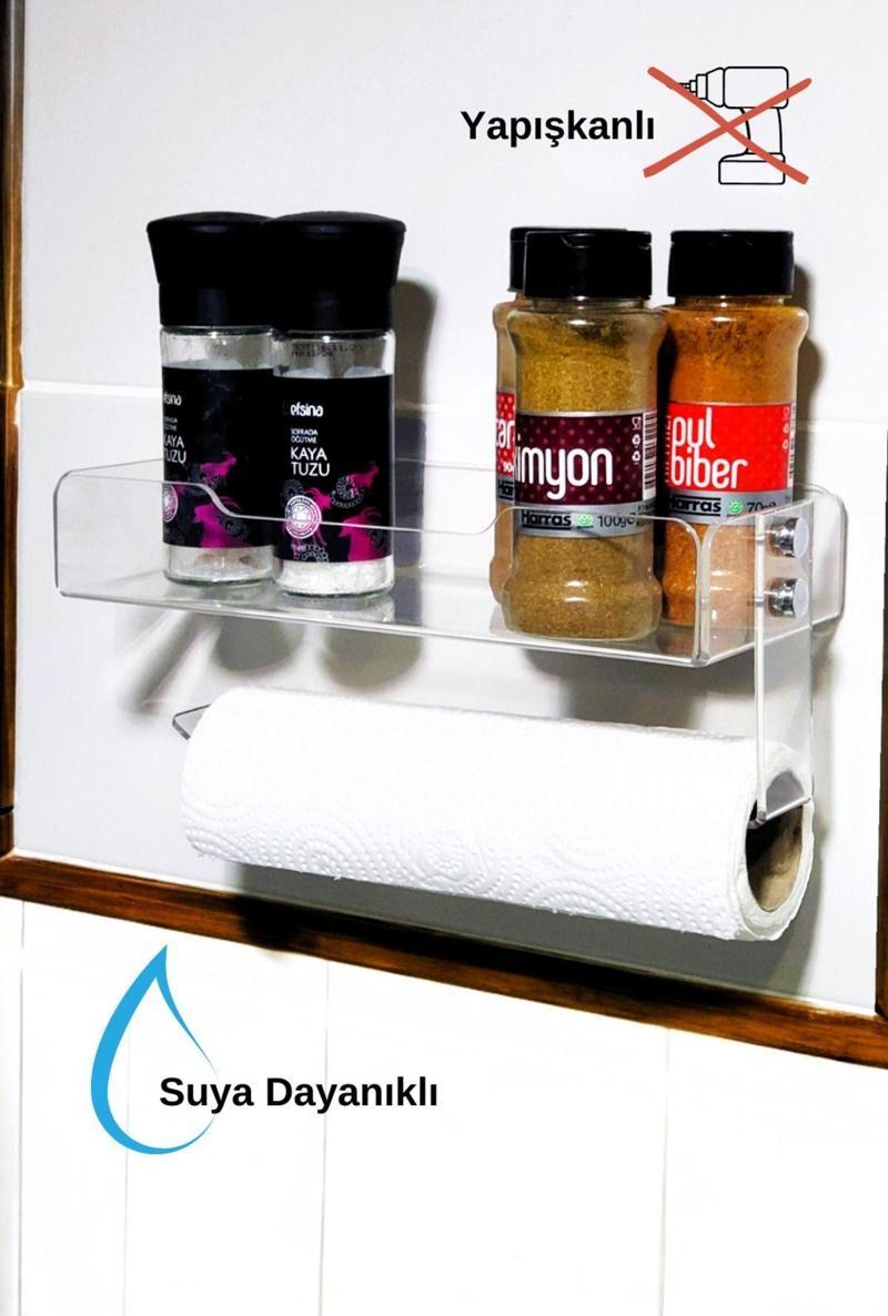 Yapışkanlı Baharatlık Ve Kağıt Havluluk Şık Plexiglass – Duvara Monte Mutfak Rafı