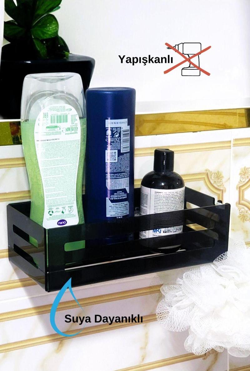 Yapışkanlı Siyah Banyo Rafı - Şampuanlık & Sabun Organizer Set