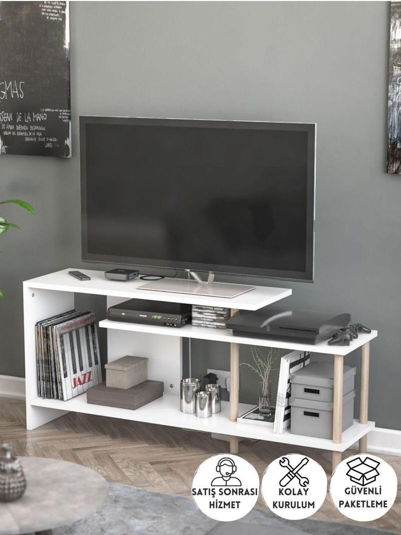 Tv Ünitesi Ahşap Ayaklı Televizyon Sehpası Dekoratif Raflı Modern Mobilya - Beyaz - 120 Cm