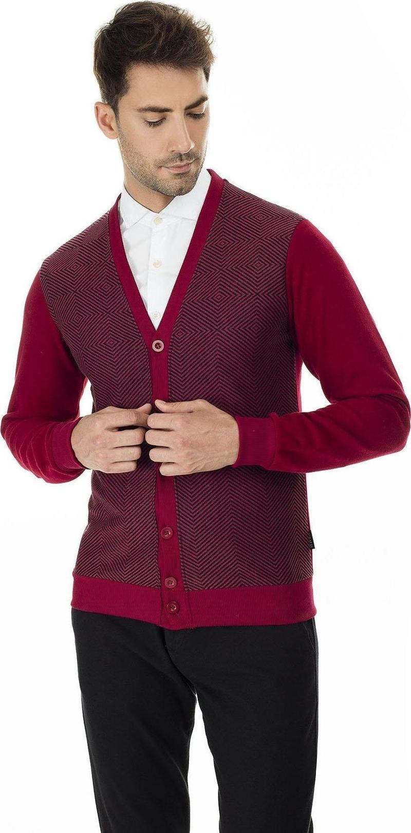 Slim Fit V Yaka Erkek Hırka 456405 BORDO