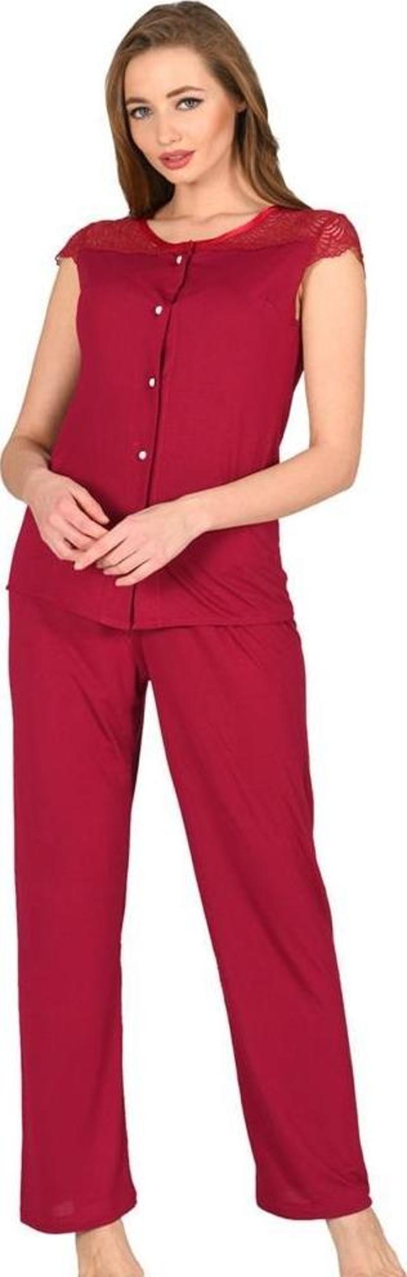 Bayan Bordo Penye Kısa Kollu Pijama Takımı 1632