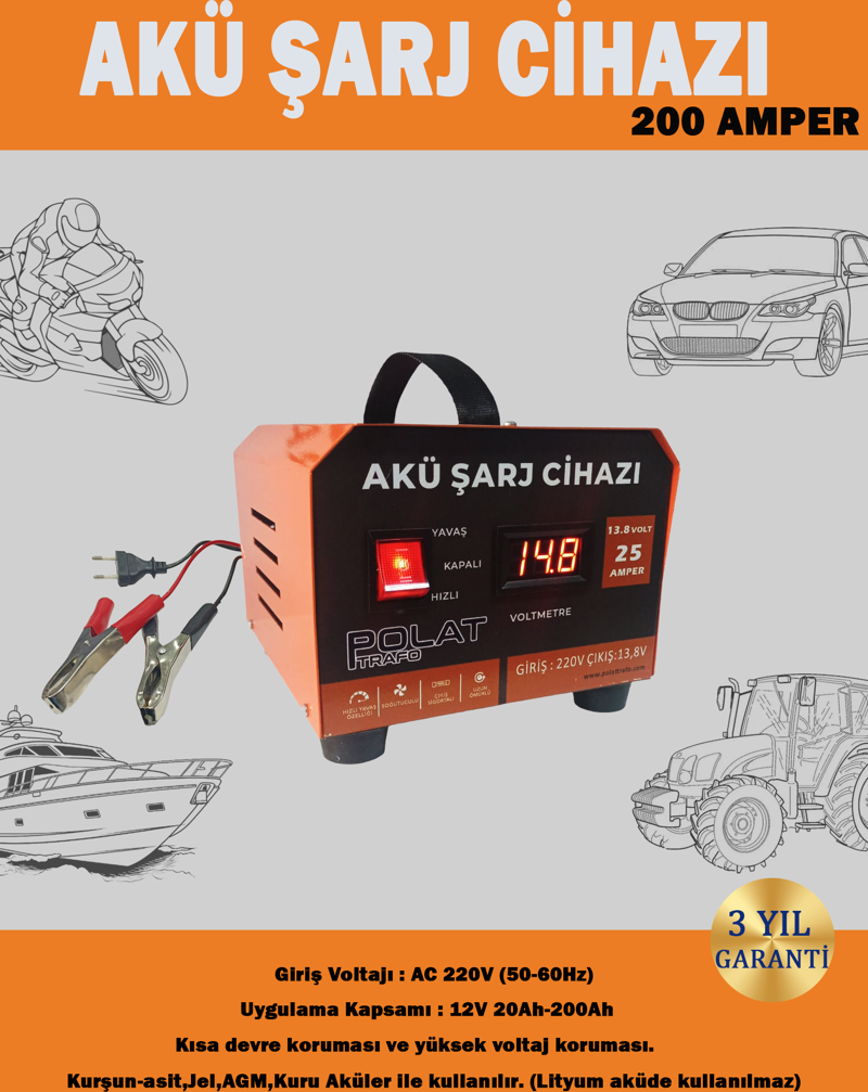 12 Volt 10-200 Amper Akü Şarj Cihazı