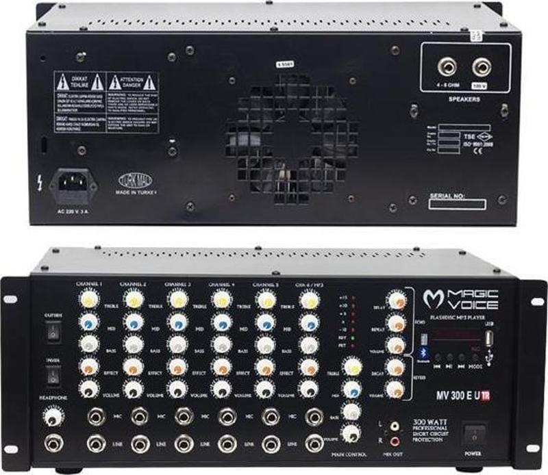 Magicvoice MV-300EF-TR 300 Watt 6 Mikrofon Girişli USB-Bluetooth Destekli Trafolu Mixer Anfi