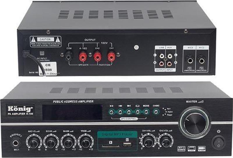 K-166 150 Watt 4-8 Ohm USB-SD Kumandalı 3 Mik.Giriş Hat Trafolu Anfi