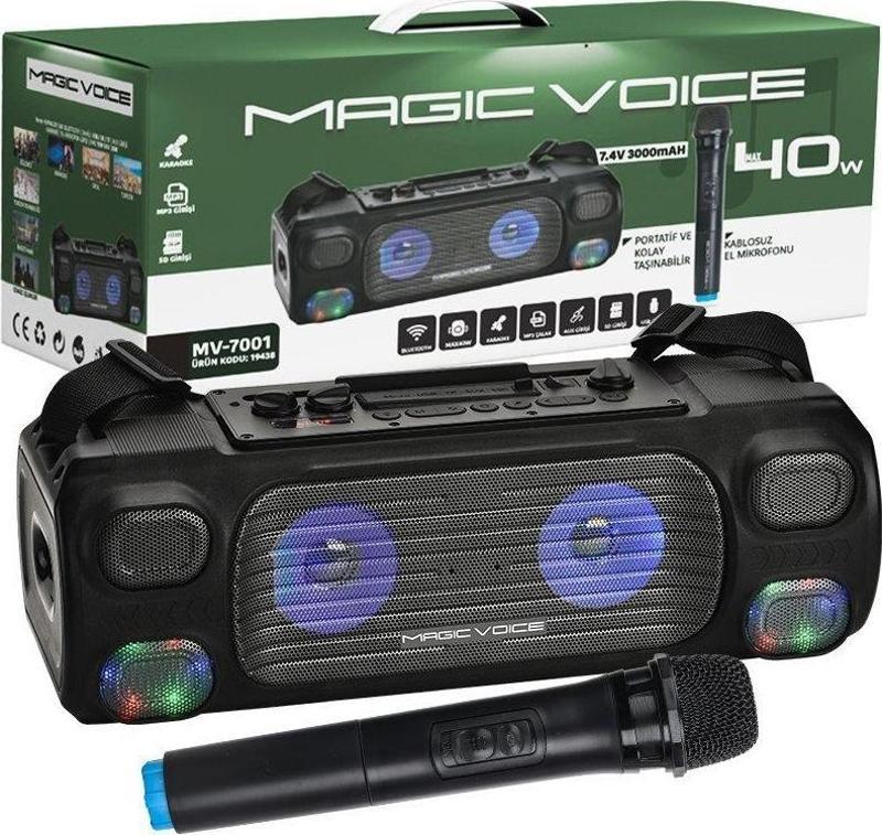 Magicvoice MV-7001 VHF El Mikrofonlu USB-SD-Bluetooth Işıklı 40 W Taşınabilir Şarjlı Seyyar Anfi