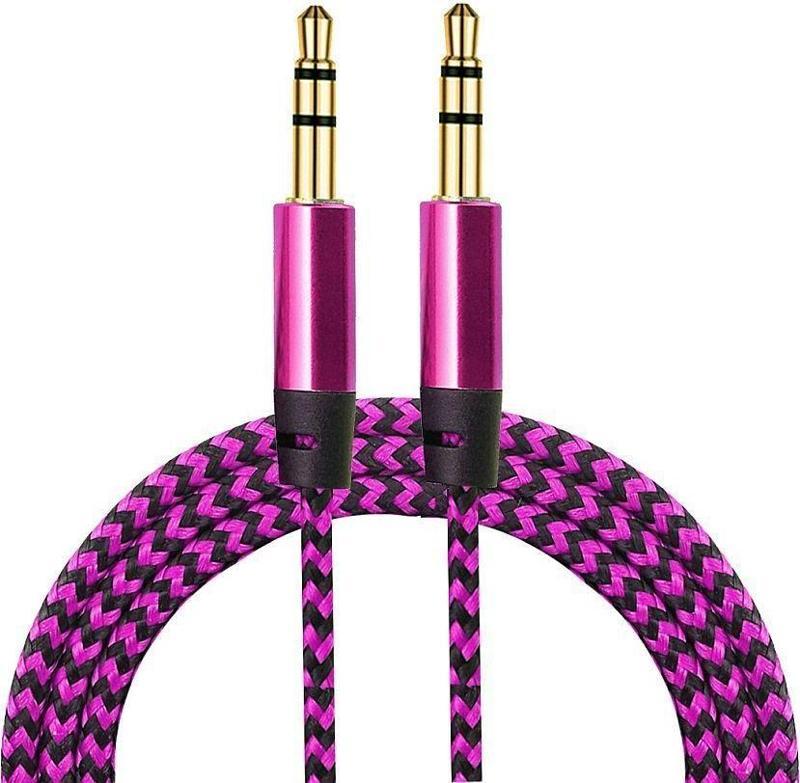 AUX Stereo 3.5mm Data Ses Örgü Kablo Pembe