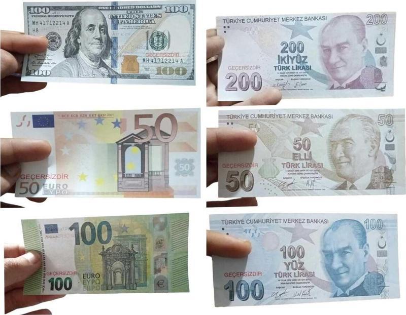 100 er adet 50,100 eruo 50dolar 50tl,100 tl 200 tl toplam 600 adet Geçersiz Sahte Düğün Paraları