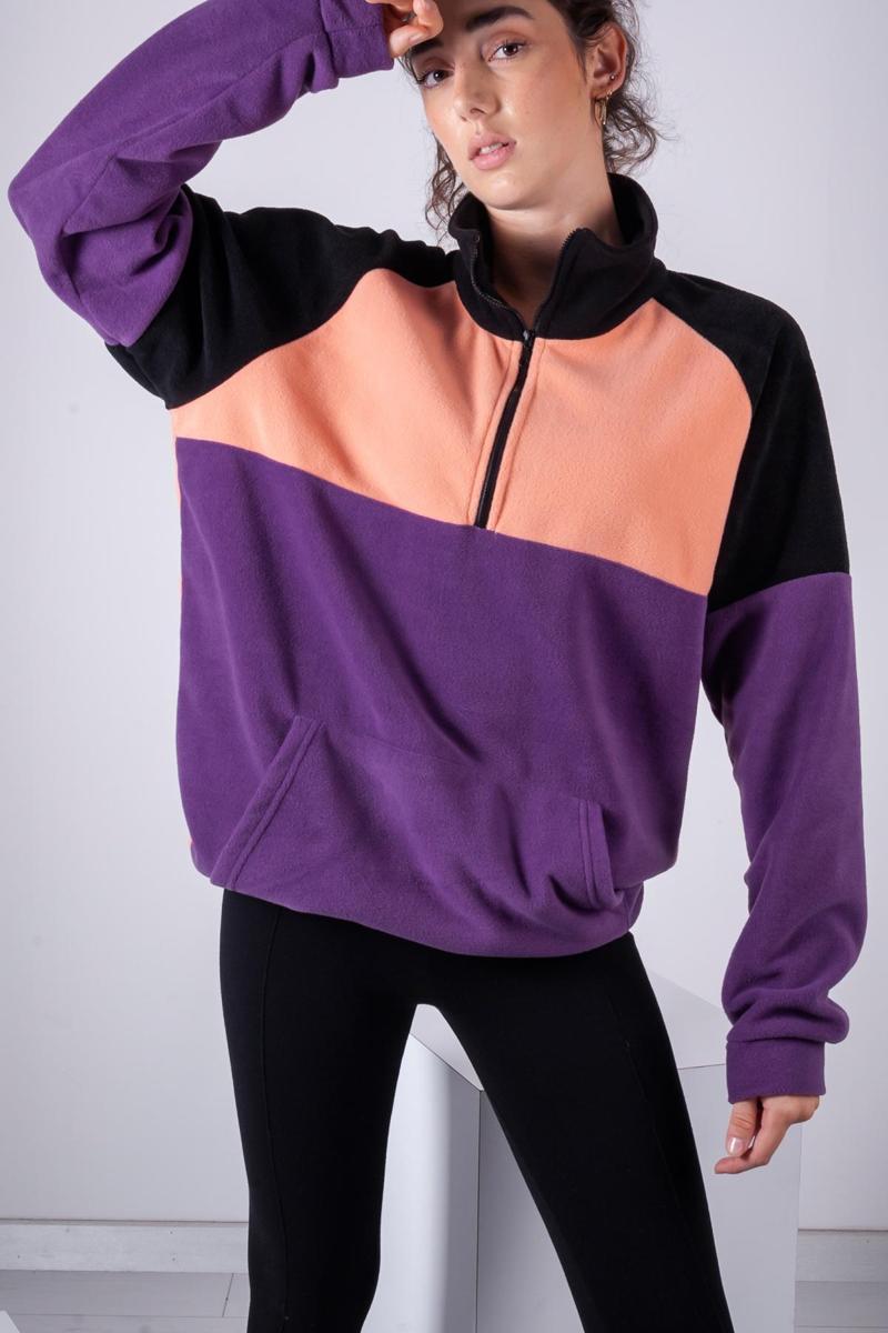 Kadın Erkek Yarım Fermuarlı Mor Siyah Somon Polar Sweatshirt M Beden