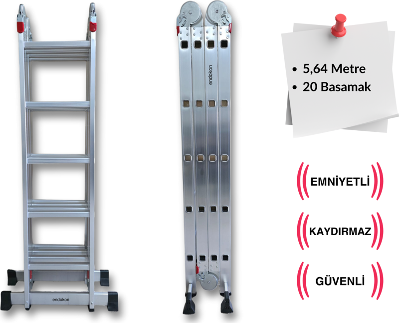 5,64 Metre - 20 Basamaklı Katlanır Akrobat Merdiven - Büyük Menteşe - Kalın Profil