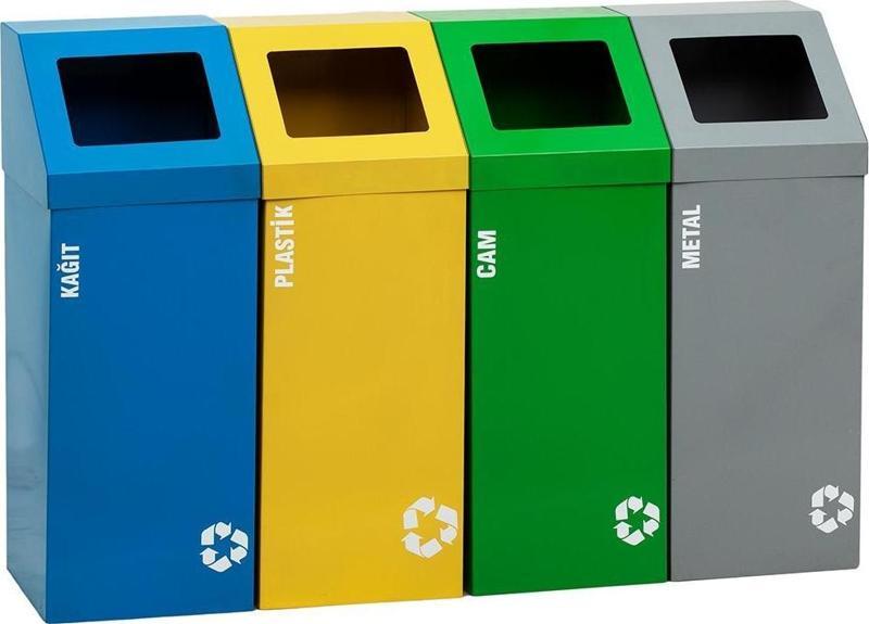 4 lü Metal Sıfır Atık Kutusu Geri Dönüşüm Çöp Kovası Kutusu