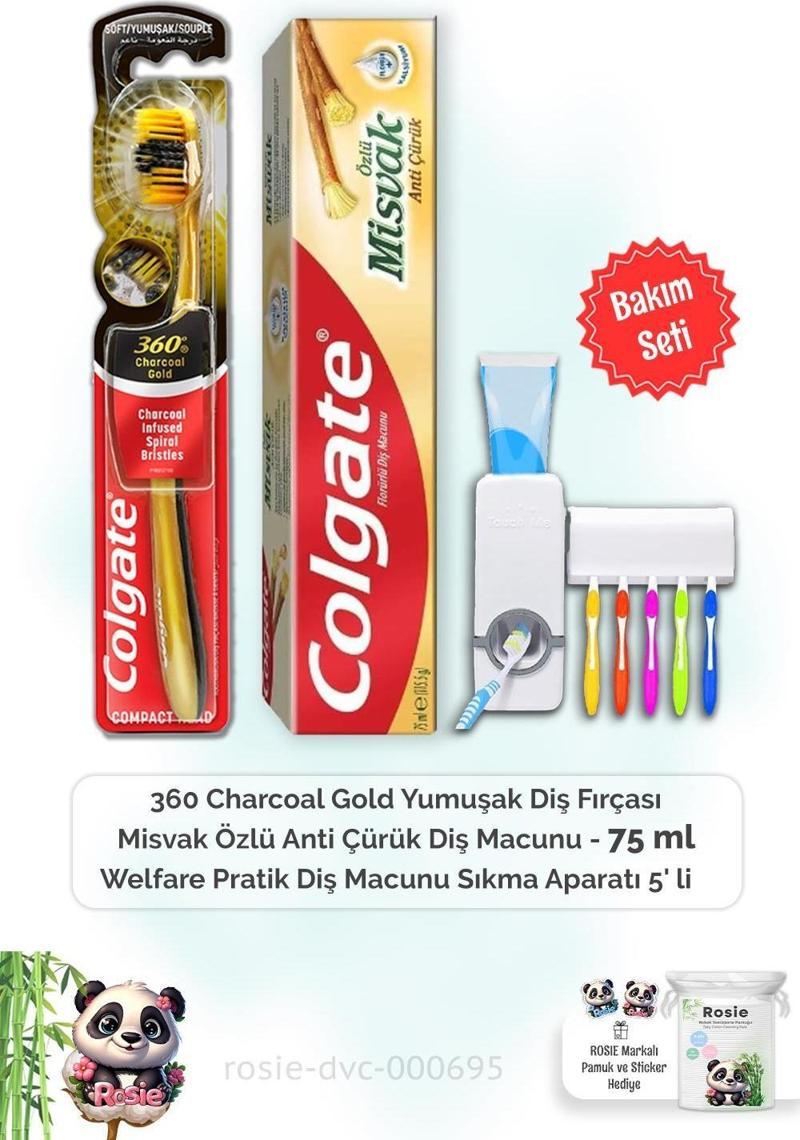 Misvak Özlü Diş Macunu 75 ml,  360 Charcoal Gold Diş Fırçası, Diş Macunu Aparatı ve ROSIE