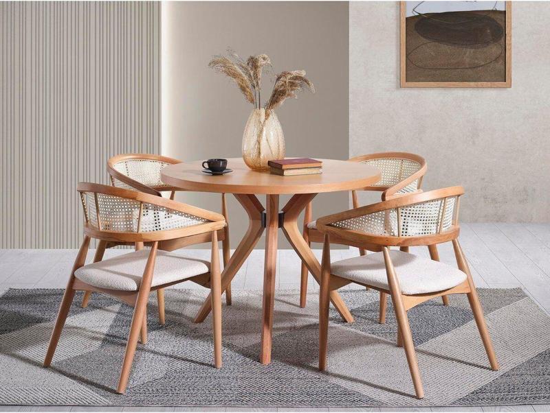 Gazel Hasırlı Krem Teddy Kumaş Hazeran Model Natural Ahşap Bohem Sandalye (1 Adet) 55x63 cm
