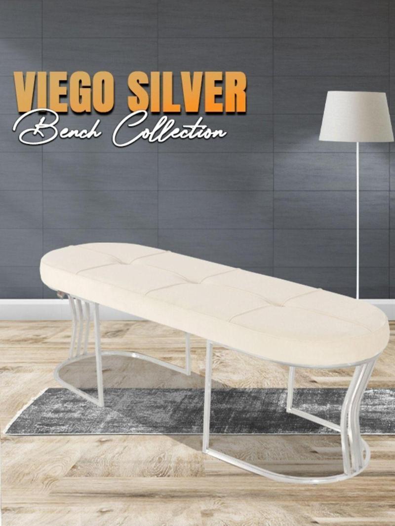 Viego Silver Exclusive Bench Lüks Metal Gümüş Ayak, Chester Model Yatak Ucu Beyaz Puf 45x140 cm