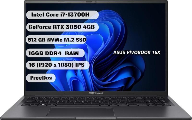 Vivobook 16X K3605VC-N1279- Intel i7-13700H- 16" WUXGA- 16GB - 512GB SSD– RTX 3050- Q İng. Klavye-Dos-1 Yıl Garanti