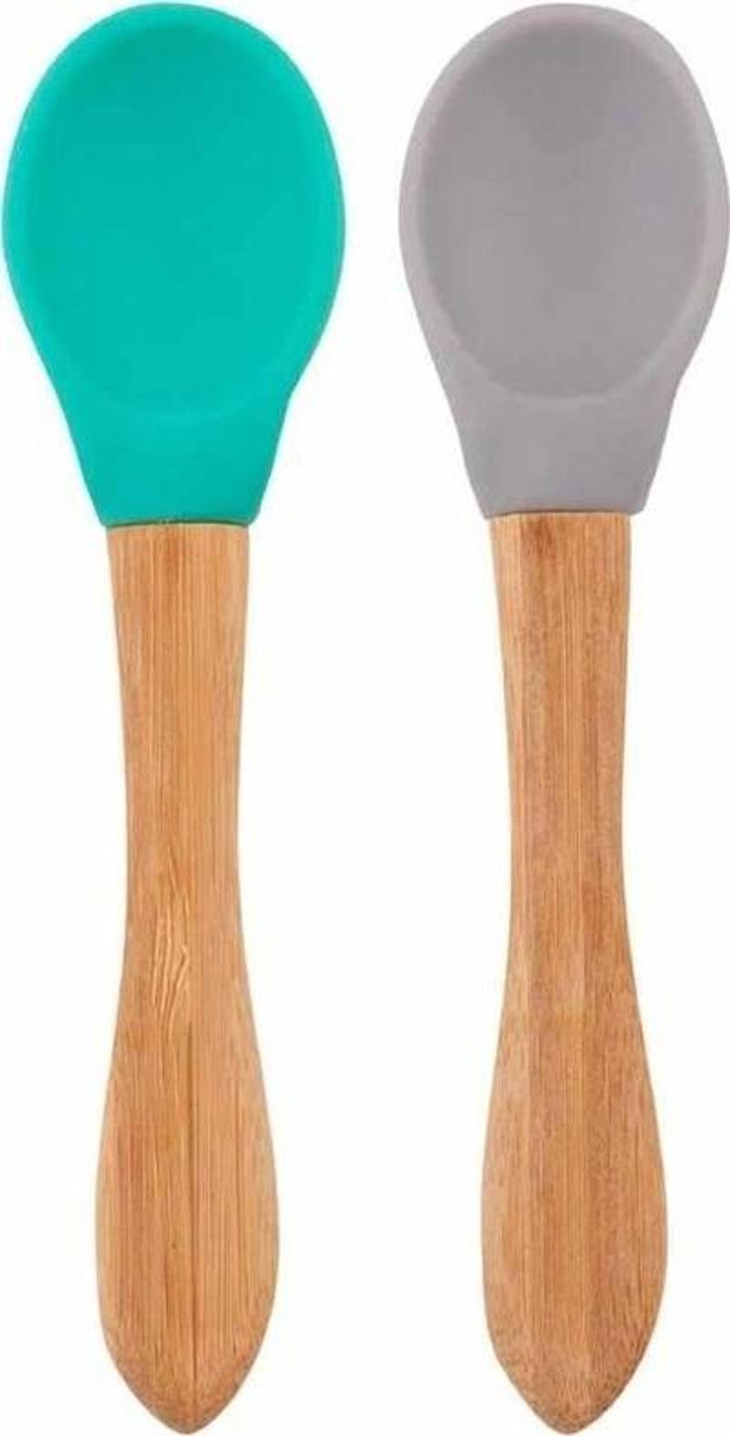 Nessiworld  Bambu Saplı Silikon Mama Kaşığı 2li Aqua Green / Powder Grey
