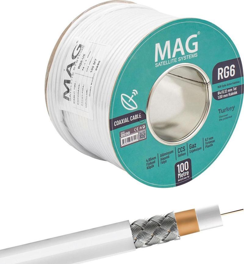 Ayt Mag Rg6 U6 1.00 Mm Ccs Makaralı 64x0.12 Tel 100 Metre Anten Kablosu Çanak Uydu Kablosu