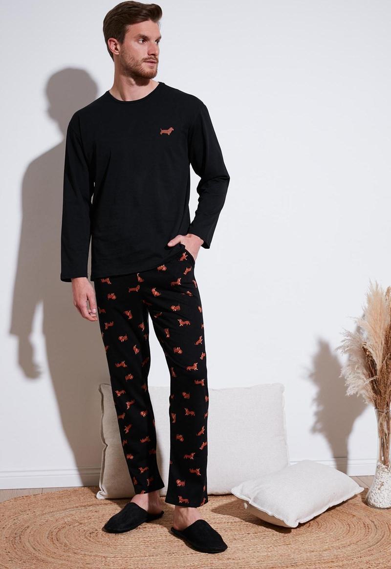 Pamuklu Regular Fit Uzun Kollu Erkek Pijama Takımı 6572013 SİYAH
