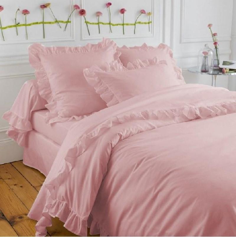 Makiteks %100 Pamuklu Fırfırlı Süs Dikişli Açık Pembe Çift Kişilik Nevresim ve Yastık Kılıfı Seti