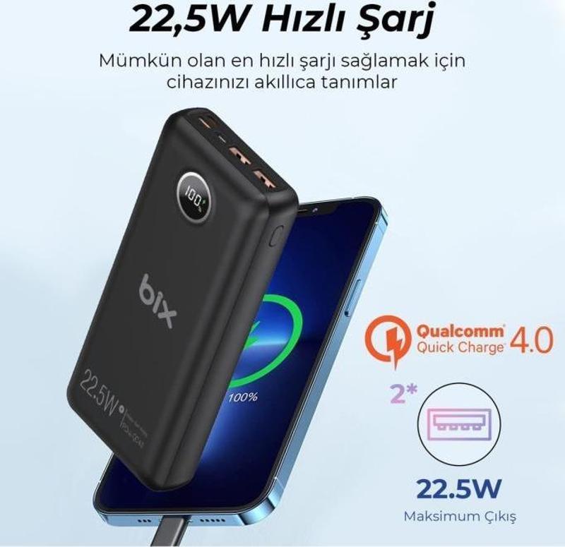 Pb201 Üç Portlu 20000mah 22.5w Hızlı Şarj 4.0 Pd Giriş/çıkışlı Led Göstergeli Powerbank Siyah