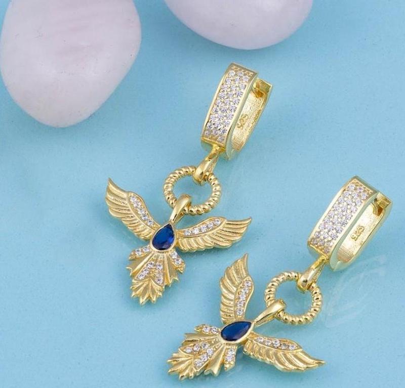 Safir Taşlı Altın Kaplama Anka Kuşu 925 Ayar Gümüş Küpe
