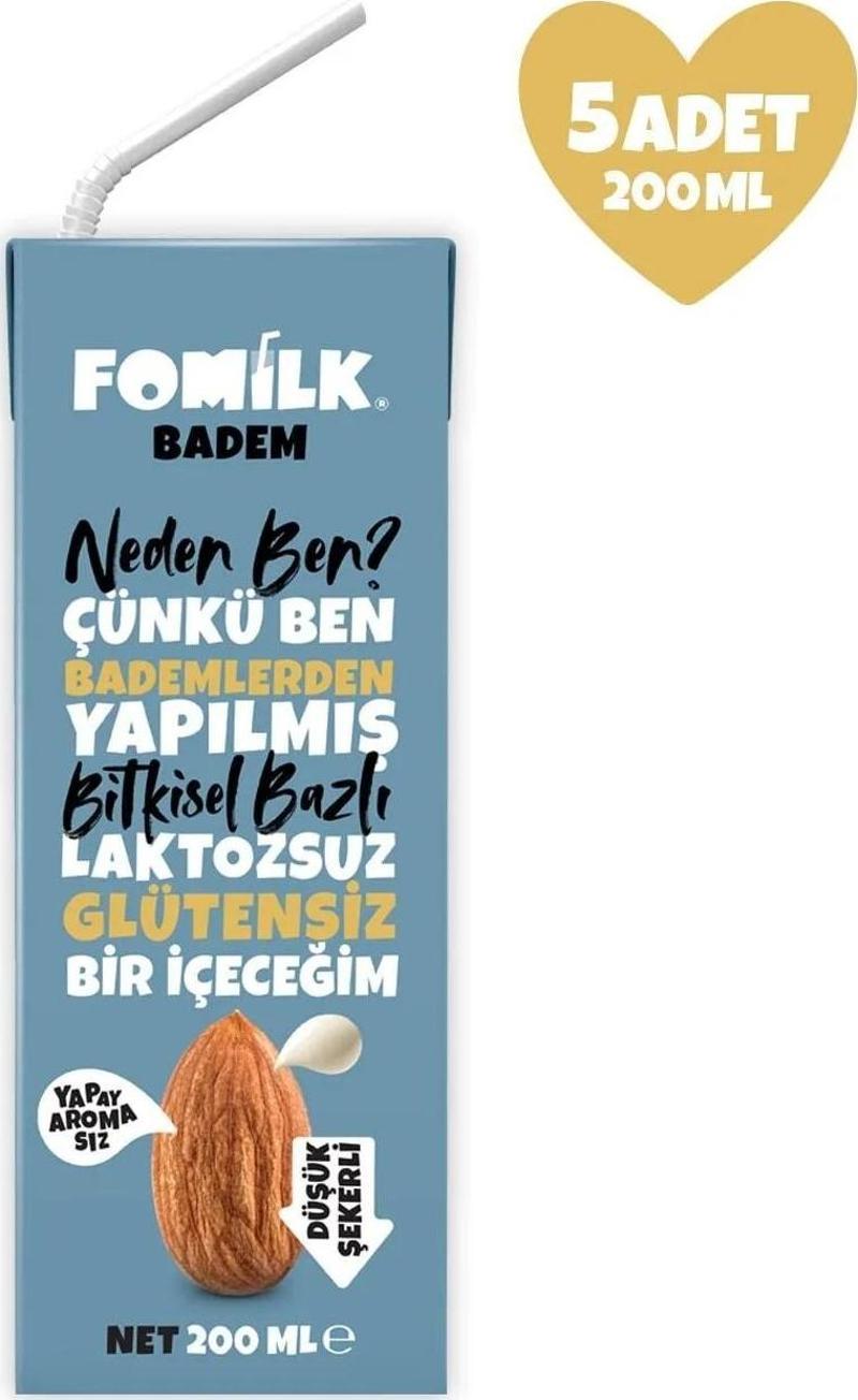 Badem Sütü Glutensiz Bitkisel Bazlı Laktozsuz Vegan 200 Ml x 5 Adet