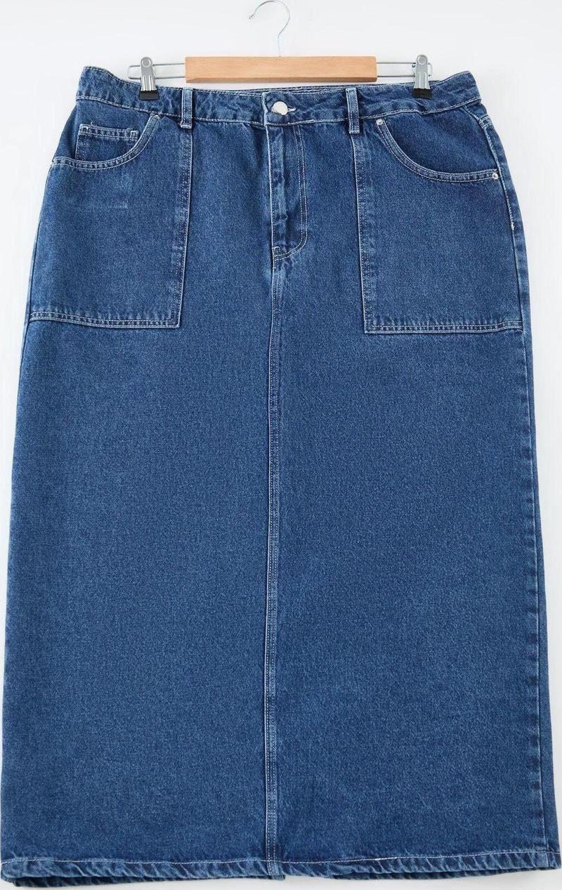 Modern Tarz Büyük Beden Astarsız Denim Midi Boy More Sustainable Cep Detaylı Midi Denim Etek