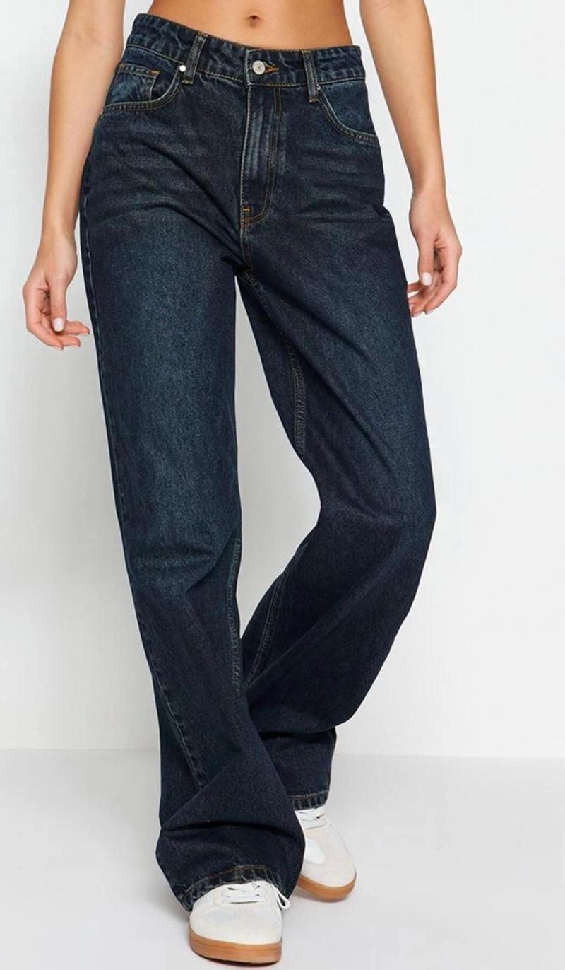 Stil Kadın Moda Denim Kot Pantolon Regular Geniş Paça Yüksek Bel Jeans