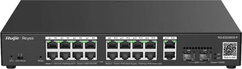 Ruijie Reyee RG-ES220GS-P 16 Port 250W 2xSfp 2xRj45 Uplink Yönetilebilir Gigabit PoE Switch